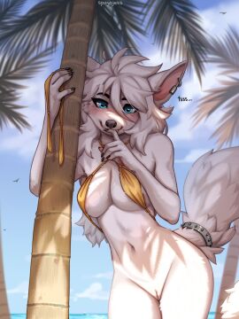 anthro bikini biped bite blue_eyes bottomless canid clothed clothing cloud detailed_background ear_piercing female finger_bite finger_in_mouth fur genitals hi_res looking_at_viewer mammal navel piercing plant pussy solo spuydjeks swimwear tail tree two-piece_swimsuit white_body white_fur white_tail