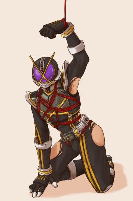 armor armored armored_male armpit armpit_hair belt black_armor black_body body_hair bulge bulge_through_clothing damaged_clothes damaged_clothing hand_tied hand_up kamen_rider kamen_rider_555_(series) kamen_rider_kaixa kneeling male masato_kusaka mask masked masked_male on_knees rope rope_bondage simple_background sitting tied tied_up torn_bodysuit torn_clothes torn_clothing