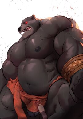1boy anthro anthro_only bear beard biceps black_bear_guai black_body black_myth:_wukong bottomwear clothing facial_hair flaccid foreskin furry furry_only genitals hi_res humanoid_genitalia humanoid_penis loincloth male mammal musclegut muscular open_mouth partially_retracted_foreskin penis red_eyes reland_wolf retracted_foreskin simple_background solo three-quarter_view uncircumcised white_background
