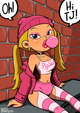 1girls alternative_hairstyle ashley_spinelli beanie blonde_hair blowing_bubblegum brick_wall choker crop_top earrings english_text female garabatoz looking_at_viewer miniskirt open_jacket pink_lips pink_skirt recess sitting solo speech_bubble striped_legwear text_on_clothing thighhighs twintails