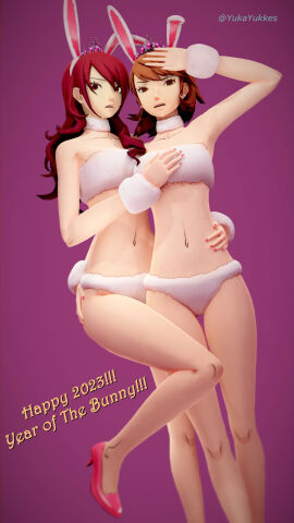 2girls 3d bra breasts brown_eyes brown_hair bunny_ears bunny_tail cosplay fake_animal_ears fake_tail female fur_bra fur_bracelet fur_choker fur_panties high_heels long_hair looking_at_viewer medium_breasts midriff mitsuru_kirijo navel painted_fingernails panties persona persona_3 red_eyes red_hair shiho_suzui_(cosplay) short_hair tiara yukari_takeba yukayukkesart