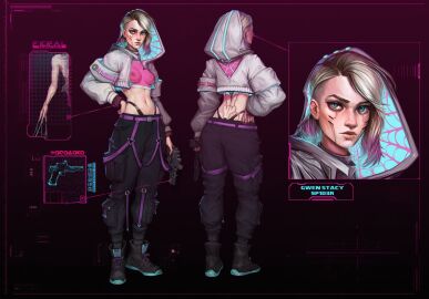 1girls abs asymmetrical_hair blonde_hair boots breasts cargo_pants character_sheet clothed commission crop_top cropped_jacket crossover cybernetics cyberpunk cyberpunk_2077 dyed_hair female gun gwen_stacy gwen_stacy_(earth-51723) hood knightofcydonia marvel marvel_comics neon_lights nipple_bulge nipple_piercing nipples nipples_visible_through_clothing piercing see-through see-through_clothing short_hair small_breasts solo spider-gwen spider-man:_across_the_spider-verse spider-man:_into_the_spider-verse spider-man_(series) superhero superheroine tactical_gear thong thong_straps