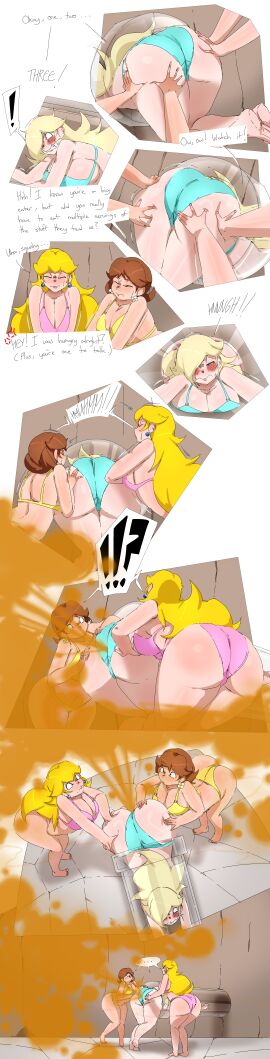 3girls bikini blush comic dialogue embarrassed_female fart fart_fetish fart_torture fat_ass female_focus grossed_out lazei mario_(series) nintendo princess_daisy princess_peach princess_rosalina stuck