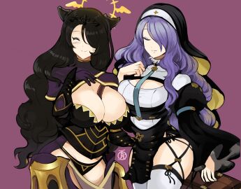 2girls alternate_costume bare_thighs big_breasts black_hair black_pantyhose blue_archive breasts camilla_(fire_emblem) camilla_(fire_emblem)_(cosplay) cleavage cosplay costume_switch crossover female female_only fire_emblem fire_emblem_fates gloves hair_over_one_eye halo highres hinata_(blue_archive) hinata_(blue_archive)_(cosplay) inner_thighs large_breasts long_hair multiple_females multiple_girls nun pantyhose purple_eyes purple_hair revolverwingstudios tiara wavy_hair