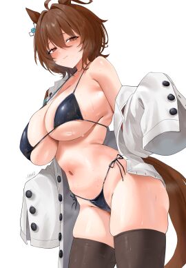 absurdres agnes_tachyon_(tach-nology)_(umamusume) agnes_tachyon_(umamusume) ahoge animal_ears artist_name bare_shoulders bikini black_bikini black_thighhighs blush breasts breath buttons cleavage closed_mouth coat commentary curvy dutch_angle ear_ornament english_commentary female groin hair_between_eyes hair_intakes halterneck highres horse_ears horse_girl horse_tail huge_ahoge lab_coat large_breasts light_smile long_sleeves looking_at_viewer maoza1 micro_bikini navel open_clothes open_coat short_hair side-tie_bikini_bottom sideboob simple_background single_bare_shoulder single_off_shoulder sleeves_past_fingers sleeves_past_wrists solo standing stomach string_bikini sweat swimsuit tail thighhighs thighs umamusume unbuttoned underboob white_background white_coat