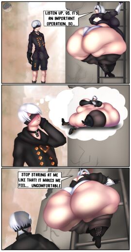 1boy 1girls ass ass_bigger_than_head bbw blush breasts breasts_bigger_than_head climbing climbing_ladder clothed_male clothing english_text fat female huge_ass huge_breasts hyper_ass hyper_belly ladder light-skinned_female light-skinned_male light_skin male moonsler nier nier:_automata obese short_hair ssbbw text thighhighs white_hair yorha_2b yorha_9s