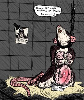 1girls anthro belly_nipples bodily_fluids bondage bound breasts collar cum dialogue dungeon english_text female female_only gender_transformation genital_fluids hi_res leaking_cum looking_up male male_to_female mammal mtf_transformation multi_breast murid murine pregnant rat rodent sitting skaven solo solo_female speech_bubble tail text transformation wanted_poster warhammer_(franchise) warhammer_fantasy welcometaco