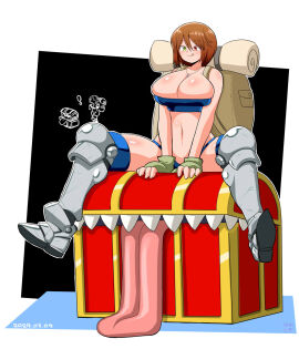 1girls backpack blush breasts cleavage female fingerless_gloves heterochromia huge_breasts itini-sanshi knight knightess licking_lips long_tongue medium_hair mimic mimic_chest monster rozen_maiden sharp_teeth sitting_on_chest skimpy_clothes smile solo souseiseki spread_legs