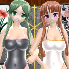 2024 2girls 3d arm_holding belly_button big_breasts black_swimsuit breasts brown-haired_female busty cleavage covered_navel duo_female duo_focus female green-haired_female green_eyes hati_yukkuri_mmd hidden_star_in_four_seasons holding_each_other human inside inside_view jpeg large_breasts light-skinned_female light_skin looking_at_viewer mmd nishida_satono pink_eyes rubber rubber_clothing smile smiling_at_viewer swimsuit teireida_mai touhou white_swimsuit
