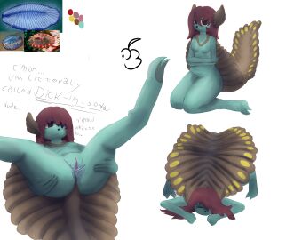 2_toes 4_fingers anthro anus ass bodily_fluids breasts dickinsonia dickinsoniidae digitigrade dipleurozoan english_text feet female fingers genital_fluids genitals hair hi_res humor medium_hair no_irises nude prehistoric_species proarticulata pun pussy red_hair requesting sex_request small_breasts solo spread_legs spreading text toes vulva y3i