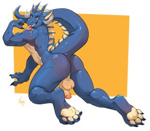 absurd_res anthro ass backsack balls ballsack biped blue_body claws countershade_torso countershading dragon fingers genitals glans hi_res horn humanoid_genitalia humanoid_penis male male_only male_solo mythological_creature mythological_scalie mythology negy pawpads paws penis perineum quo_(rubbishdragon) scalie solo tail tongue tongue_out