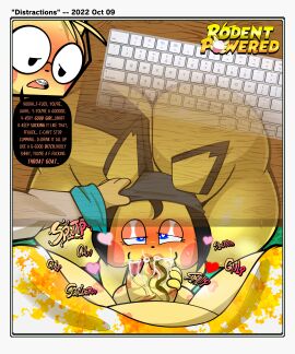 2022 absurd_res aeris_(rodent_powered) anthro black_speech_bubble border braces clothing duo english_text eyewear fellatio female first_person_view furniture generation_1_pokemon generation_2_pokemon glasses hat headgear headwear hi_res keyboard male male/female nintendo oral penile penis pichu pikachu pokemon pokemon_(species) pokemon_mystery_dungeon rodent_powered_(softestpuffss) sex softestpuffss spike_chunsoft summer_(rodent_powered) table text under_the_table white_border