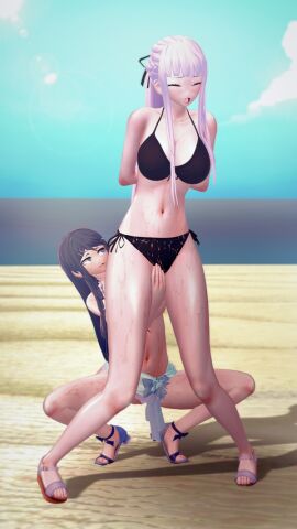 2girls 3d beach bikini bikini_bottom bikini_top bound_wrists danganronpa danganronpa:_trigger_happy_havoc danganronpa_1 female female_only fingering_partner hands_behind_back human kirigiri_kyouko koikatsu leon_(artist) maizono_sayaka multiple_females multiple_girls seaside yuri