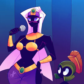 alien alien_boy alien_girl alien_humanoid cartoon_network duck_dodgers female golden_bikini_top looney_tunes male martian martian_(duck_dodgers) marvin_the_martian microphone queen_tyr'ahnee size_difference skimpy skimpy_clothes steampunkjackalope warner_bros warner_brothers white_hair