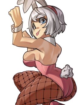 1girls animal_ears bare_shoulders black_footwear blue_eyes bunny_ears bunnysuit cleavage detached_collar elphelt_valentine fake_animal_ears female fishnets guilty_gear guilty_gear_strive high_heels highres leotard looking_at_viewer moxydrawsmore pantyhose pink_leotard playboy_bunny simple_background tongue tongue_out white_background white_hair wrist_cuffs