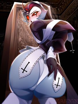 ass avian beak bird bird_feet bird_legs blush clothing demon hand_on_ass hand_on_butt helluva_boss huge_ass kaenin looking_back male nun nun_outfit panties roleplay stolas_(helluva_boss) thick_ass underwear vivienne_medrano white_panties
