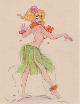 ass barely_clothed blonde_hair boobs breasts butt cute cute_butt dean_yeagle feet female flower grass_skirt hawaiian mandy_(dean_yeagle) mostly_naked sideboob smile twintails
