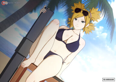 1girls barefoot beach big_breasts bikini bikini_bottom bikini_top blonde_hair boruto:_naruto_next_generations breasts cleavage commentary eyewear eyewear_on_head fan feet female folding_fan holding_object huge_breasts koikatsu large_breasts looking_at_viewer mature mature_female midriff milf naruto naruto_(series) otsukira outdoors palm_tree patreon_username ponytail quad_tails seaside side-tie_bikini side-tie_bikini_bottom sitting sitting_on_table smile solo solo_focus sunglasses sunglasses_on_head swimsuit temari text tree twintails vacation voluptuous watermark weapon