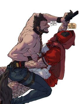 2boys alternate_costume animal_ears arm_hair ass beard big_bad_wolf_(cosplay) black_gloves bleeding blood_on_clothes bow brown_hair chain_leash chains chest_hair claw_(weapon) clenched_hand collar cosplay couple deadpool deadpool_&_wolverine_(2024) dress english_text facial_hair fishnets gay gloves grabbing_another's_ass groping guillartee gun hairy halloween halloween_costume holding holding_gun holding_weapon hood hood_up james_howlett large_pectorals leash little_red_riding_hood_(copyright) little_red_riding_hood_(cosplay) looking_at_another male male_focus male_only marvel marvel_cinematic_universe marvel_comics mask mature_male multiple_boys multiple_males muscular muscular_male mutant_(marvel) mutate_(marvel) nipples open_mouth pants pectorals red_bow red_hood red_mask scar scars_all_over short_hair short_sleeves simple_background sitting sitting_on_person speech_bubble stab tail teeth thigh_strap topless_male veins wade_wilson weapon white_background wolf_boy wolf_ears wolf_tail wolverine_(x-men) x-men yaoi