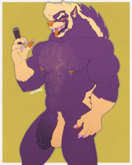 anthro archer_the_skunk balls big_penis cigar claws genitals guccigarf hi_res humanoid_genitalia humanoid_penis male mammal masculine_male mephitid muscular muscular_anthro muscular_male nipple_piercing nipples nude pawpads penis piercing purple_body skunk solo teeth tongue tongue_out vein veiny_penis