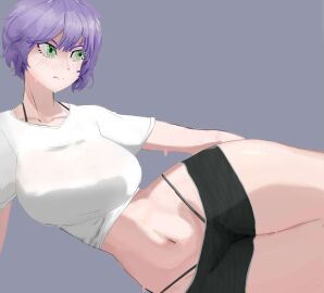1girls big_breasts breasts female green_eyes panties posing purple_hair semi_nude shorts thighs