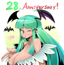 aqua_eyes aqua_hair big_breasts breasts capcom cleavage darkstalkers demon dorago_dorago dragodragodran female huge_breasts large_breasts long_hair looking_at_viewer milf morrigan_aensland skimpy_clothes smile solo succubus tagme wings