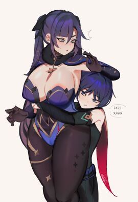 1boy 1girls big_breasts bigger_female blue_hair blush breasts cameltoe cleavage clothed elbow_gloves female from_behind genshin_impact gloves hugging_from_behind leotard male memeh milf mommy mommy_kink mona_(genshin_impact) navel nipple_bulge offering_sex pantyhose purple_hair pussy pussy_visible_through_clothes scaramouche_(genshin_impact) shorter_male smaller_male taller_female thick_thighs twintails