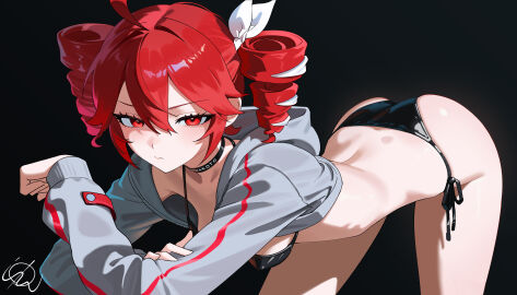 1girls 2d 2d_(artwork) ass bent_over bikini black_background breasts choker female female_only hair_ribbon hoodie kasane_teto kasane_teto_(sv) looking_at_viewer nipples_visible_through_clothing otokakoto red_eyes red_hair skinny slim_waist solo synthesizer_v thighs twin_drills twintails utau watermark