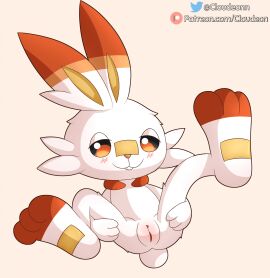 blush cloudeon female feral fur generation_8_pokemon genitals hi_res lagomorph legs_up lying mammal nintendo on_back pink_background pokemon pokemon_(species) presenting presenting_pussy pussy red_eyes scorbunny simple_background solo spread_legs spreading text url white_body white_fur
