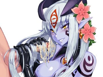 1boy alipheese_fateburn_xvi balls black_gloves black_shirt blush bmp-to-png_conversion breast_tattoo breasts censored cleavage cleavage_cutout clothed_female_nude_male clothing_cutout colored_skin cum cum_on_hair earrings elbow_gloves erection eye_tattoo facial_tattoo female flower full_body game_cg gloves grin hair_between_eyes hair_flower hair_ornament hair_tattoo hairjob halter_shirt halterneck handjob horns jewelry kenkou_cross large_breasts long_hair looking_at_another luka_(mon-musu_quest!) male mon-musu_quest! monster_girl mosaic_censoring non-web_source nude penis plant pointy_ears purple_skin shirt shoulder_tattoo simple_background single_earring slit_pupils smile solo_focus straight sweat tattoo testicles transparent_background two-handed_handjob upper_body very_long_hair vines white_hair yellow_eyes