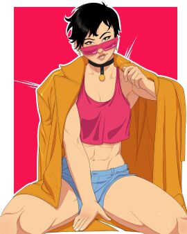 asian asian_female coat coat_on_shoulders dylan_macri ear_piercing earrings female female_focus female_only jean_shorts jorts jubilation_lee jubilee lips lipstick looking_over_eyewear looking_over_glasses looking_over_sunglasses marvel marvel_comics muscular muscular_female pink-tinted_eyewear seductive_eyes seductive_look seductive_smile short_hair sunglasses teenager tinted_eyewear x-men young younger_female