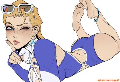 1girls anklet ass bare_shoulders barefoot blonde_female blonde_hair blue-tinted_eyewear blue_eyes blue_swimsuit breasts cleavage closed_mouth earrings eyelashes eyewear_on_head finger_to_mouth full_body half-closed_eyes index_finger_raised invisible_woman invisible_woman_(azure_shade) invisible_woman_(marvel_rivals) jewelry large_breasts leotard light_blush lips long_hair looking_at_viewer lying marvel marvel_comics marvel_rivals mature_female milf mole mole_on_ass nose official_alternate_costume on_stomach one-piece_swimsuit one_eye_closed patreon_username purple_leotard shushing simple_background soles solo stopu sue_storm sunglasses superheroine tinted_eyewear toes white-framed_eyewear white_background