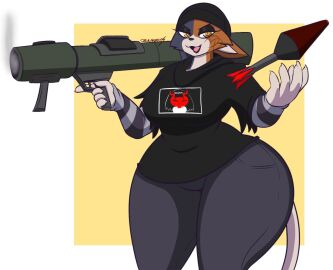 2025 anthro armwear big_breasts black_body black_fur bottomwear breasts calico_cat clothed clothed_anthro clothed_female clothing dewwydarts dewwydartz domestic_cat epic_games felid feline felis female fortnite fur furry gun gun_smoke huge_breasts humanoid looking_at_viewer mammal meow_skulls meow_skulls_(fortnite) multicolored_body multicolored_fur orange_body orange_fur pants pattern_armwear pattern_clothing ranged_weapon rocket rocket_launcher shirt simple_background smoke solo striped_armwear striped_clothing stripes t-shirt tagme thick_thighs topwear weapon white_body white_fur wide_hips