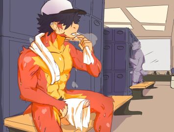 2022 after_exercise anthro balls big_penis bodily_fluids colored dated digital_drawing_(artwork) digital_media_(artwork) erection frustrated genitals haplorhine locker locker_bench locker_room maeka_(tabascomilk) male male/male mammal monkey muscular muscular_anthro muscular_male nude pecs penis primate shaded simple_background sitting solo spread_legs spreading sweat tabascomilk towel towel_on_penis towel_on_shoulder