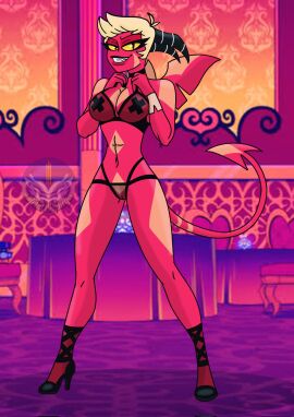 1girls abs big_breasts breasts cleavage demon demon_girl detailed_background female female_only genderswap genderswap_(mtf) helluva_boss high_heels jesse_(helluva_boss) metalbelphegor navel nipple_pasties pussy pussy_visible_through_panties rule_63 see-through see-through_bra see-through_panties smile solo solo_female stiletto_heels succubus succubus_horns succubus_tail succubus_wings x_pasties