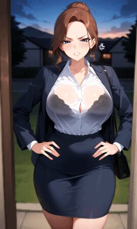 ai_assisted ai_generated angry animated big_breasts big_hips big_penis big_thighs black_blazer black_bra black_handbag black_pencil_skirt blue_eyes blush brown_hair buttoned_shirt cloud doorway dusk gasp gritted_teeth hand_on_hip houses long_sleeves milf neighborhood night office_clothing original_character phuhoang pink_nails pointing_at_viewer road see-through_shirt shocked sidewalk single_hair_bun sky standing suprised trees up_hairbun waist white_shirt