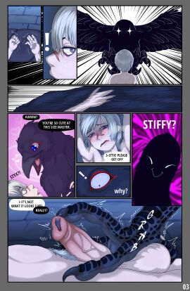 avian beak bedroom_eyes bird blue_eyes blush bodily_fluids claws clothing color comic corvid corvus_(genus) crow dialogue dominant dominant_female dominant_feral duo english_text erection eye_bags female feral fingering fluffy_void freckles genital_fluids genitals grey_hair hair hair_over_eye handjob heart_eyes heart_symbol hi_res human imminent_sex interspecies male male/female mammal master_(pickle) micro narrowed_eyes nude one_eye_obstructed open_mouth oscine passerine penetration penile penis penis_grab robe seductive sex shrinking simple_background size_difference size_transformation smile smirk styx_(pickle) submissive submissive_human submissive_male symbol talons teasing text transformation urethral urethral_penetration urethral_toeing zoophilia