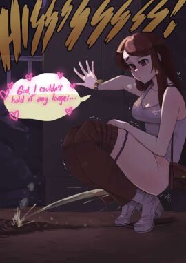 1girls biku breasts brown_hair cleavage english_text female original panties pants_down panty_pull pee_squat_outdoors peeing purple_panties tank_top underwear urination white_tank_top