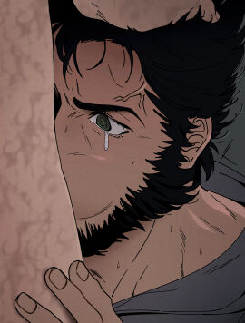 2boys black_hair cheek_bulge crying crying_with_eyes_open deadpool deadpool_(series) deepthroat facial_hair fellatio green_eyes grey_background hand_on_another's_head hashtag-only_commentary highres hood hood_down irrumatio light_blush logan_(x-men) male male_only marvel marvel_comics multiple_boys multiple_males nude oral out_of_frame scar scars_all_over sgsg50200 short_hair sideburns sweat tearing_up tears veins wade_wilson wolverine_(x-men) x-men x-men_(2000) x-men_film_series yaoi