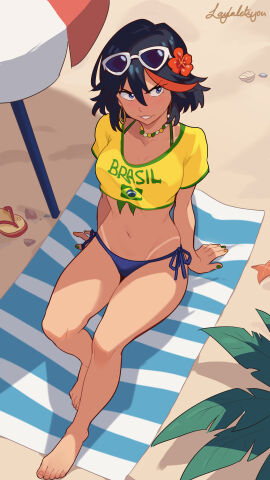 1girls background barefoot beach beach_towel beach_umbrella bead_necklace big_earrings bikini bikini_bottom bikini_top black_hair blue_bikini_bottom blue_eyes blush bob_cut brasil brasil_shirt brazil brazilian_miku_(cosplay) breasts cleavage cute dark_hair earrings eye_visible_through_hair feet female flower flower_in_hair full_body green_nails hair_flower hands_behind_back kill_la_kill laylaletsyou leaves matoi_ryuuko necklace red_strand_of_hair sand senketsu shirt short_hair side_tie_bikini_bottom sitting slippers smile smirk striped_towel sunglasses sunglasses_on_head tan_body tan_skin tanline tomboy variant yellow_bikini_top yellow_nails