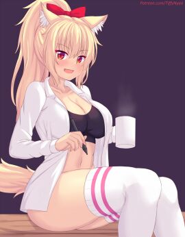 animal_ears black_bra blonde_hair bra breasts cat_ears cat_girl cat_tail catgirl coffee_mug cup female looking_at_viewer no_panties open_shirt patreon patreon_username pen ponytail red_eyes tagme tail thick_thighs thighhighs thighs tiffy tiffynyaa
