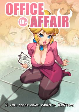 1girls 2024 alternate_costume blonde_hair blue_eyes blushing_at_viewer bowser cleavage comic comic_page curvaceous female looking_at_viewer mario_(series) multiple_females multiple_girls office_lady princess_daisy princess_peach princess_rosalina rizdraws