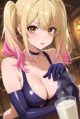 ai_generated black_hair blonde_hair blush bustybunz choker cleavage cum cum_in_container disgust drinking_cum eating_cum elbow_gloves gokkun huge_breasts looking_at_viewer nervous pink_hair pov red_eyes semen smell sniffing steam tagme thick_cum twintails video