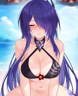 absurdres acheron_(honkai:_star_rail) alternate_costume bare_shoulders bikini bikini_top_only black_bikini black_choker blue_sky blurry blurry_background blush bottomless breasts choker cleavage closed_eyes closed_mouth collarbone commentary day earrings facing_viewer female hair_ornament hair_over_one_eye highres honkai:_star_rail honkai_(series) implied_sex jewelry large_breasts leg_tattoo long_hair navel out-of-frame_censoring outdoors purple_hair sha6666669 shrimp_cake sky solo stomach straight-on swimsuit symbol-only_commentary tattoo very_long_hair