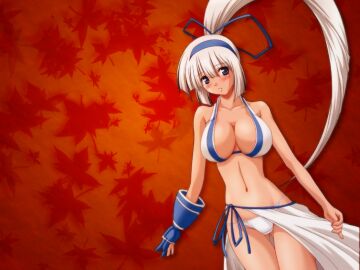 1girls arm_up armpit_peek big_breasts bikini blue_eyes breasts busty dark-skinned_female dark_skin female female_only gloves hair_ribbon highres large_breasts long_hair looking_at_viewer majikina_mina navel ponytail ribbon samurai_shodown sarong snk solo swimsuit very_long_hair white_hair