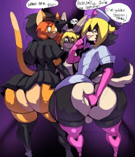 anal anal_fingering anthro ass backsack balls ballsack big_ass big_butt biped blonde_hair brother brother_(lore) brothers_(lore) canid canine canis clothed clothing costume desi_(thecon) dialogue domestic_cat domestic_dog duke_(thecon) felid feline felis femboy fingering fingering_self genitals gloves hair halloween hi_res holidays huge_ass huge_butt legwear looking_back male male_only mammal masturbation no_underwear nurse sibling_(lore) speech_bubble text thecon thick_thighs thigh_highs twins_(lore)
