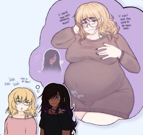 2boys 2femboys akyumu big_belly blonde_hair blue_eyes blush breasts cas_(akyumu) chubby couple dark- dark-skinned_male dark_skin fantasizing glasses grabbing_own_breast imagining large_breasts light-skinned_male light_skin male male_pregnancy maternity_clothes maternity_dress milo_(akyumu) pregnancy pregnant pregnant_belly pregnant_male shy square_irises sweater_dress