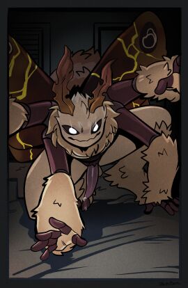 4_arms 5_fingers absurd_res antennae_(anatomy) anthro arthropod arthropod_abdomen biped black_body black_sclera bodily_fluids brown_body brown_fur digitigrade erection fingers floof_(binaryfloof) fur genital_fluids genitals glowing glowing_eyes hi_res insect_wings insects kintsugi_(art) leaking_precum lepidopteran lepidopteran_wings looking_at_viewer moth multi_arm multi_limb neck_tuft penis precum sparkibarki tuft white_eyes wings