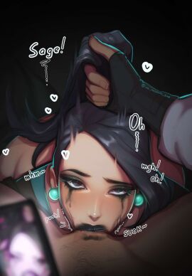 1boy 1girls ahe_gao black_hair blowjob blowjob_face female hairpulling looking_at_viewer male pov sage_(valorant) sex submissive text uncensored ur_mommy_shy_(artist) valorant