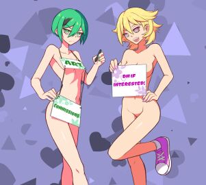 2girls angry annoyed breasts covering envious_fool female foolintisimo marker naked_footwear nude sign tagme